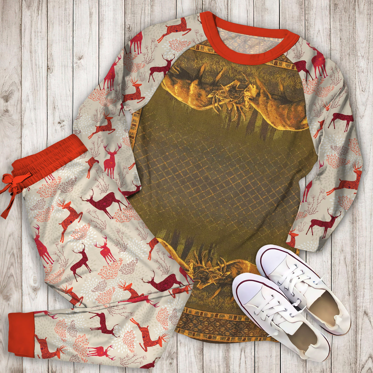 Deer Pajama Set | Pajamas | Cotton Sleepwear Sets | Soft Long Sleeve Pjs | Raglan Shirt and Pants Set