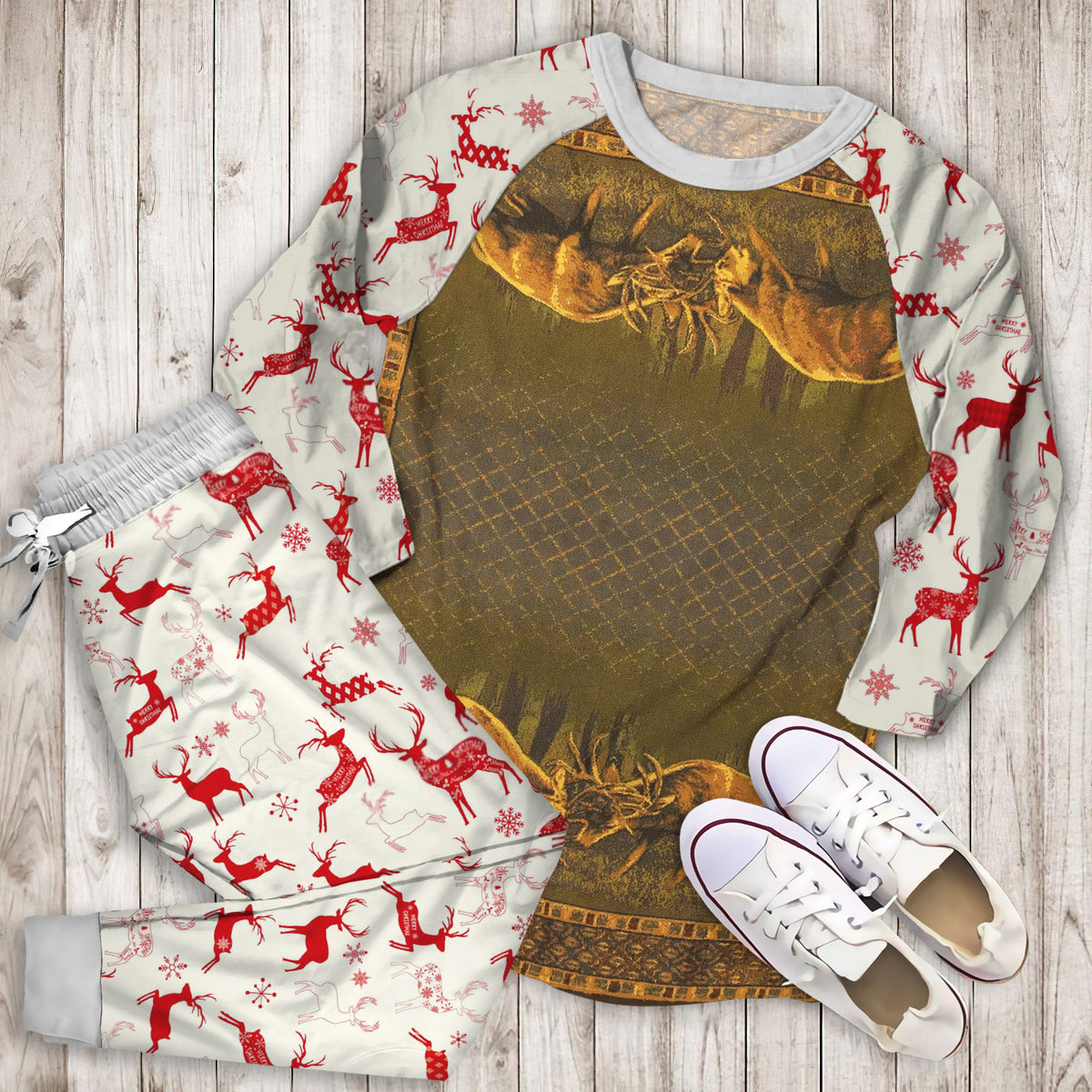 Deer Pajama Set | Pajamas | Cotton Sleepwear Sets | Soft Long Sleeve Pjs | Raglan Shirt and Pants Set