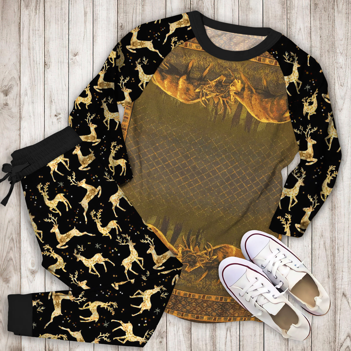 Deer Pajama Set | Pajamas | Cotton Sleepwear Sets | Soft Long Sleeve Pjs | Raglan Shirt and Pants Set