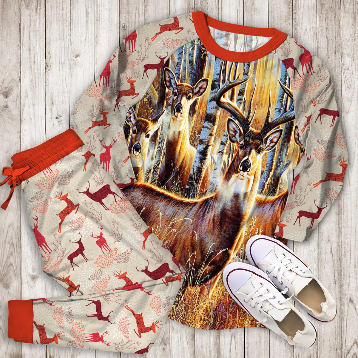 Sudden Encounter Deer Pajama Set | Pajamas | Cotton Sleepwear Sets | Soft Long Sleeve Pjs | Raglan Shirt and Pants Set