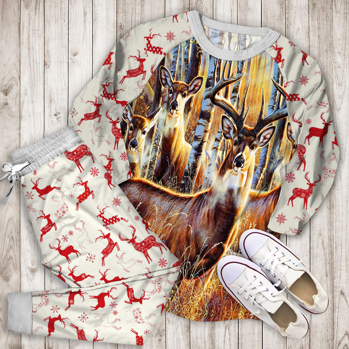 Sudden Encounter Deer Pajama Set | Pajamas | Cotton Sleepwear Sets | Soft Long Sleeve Pjs | Raglan Shirt and Pants Set