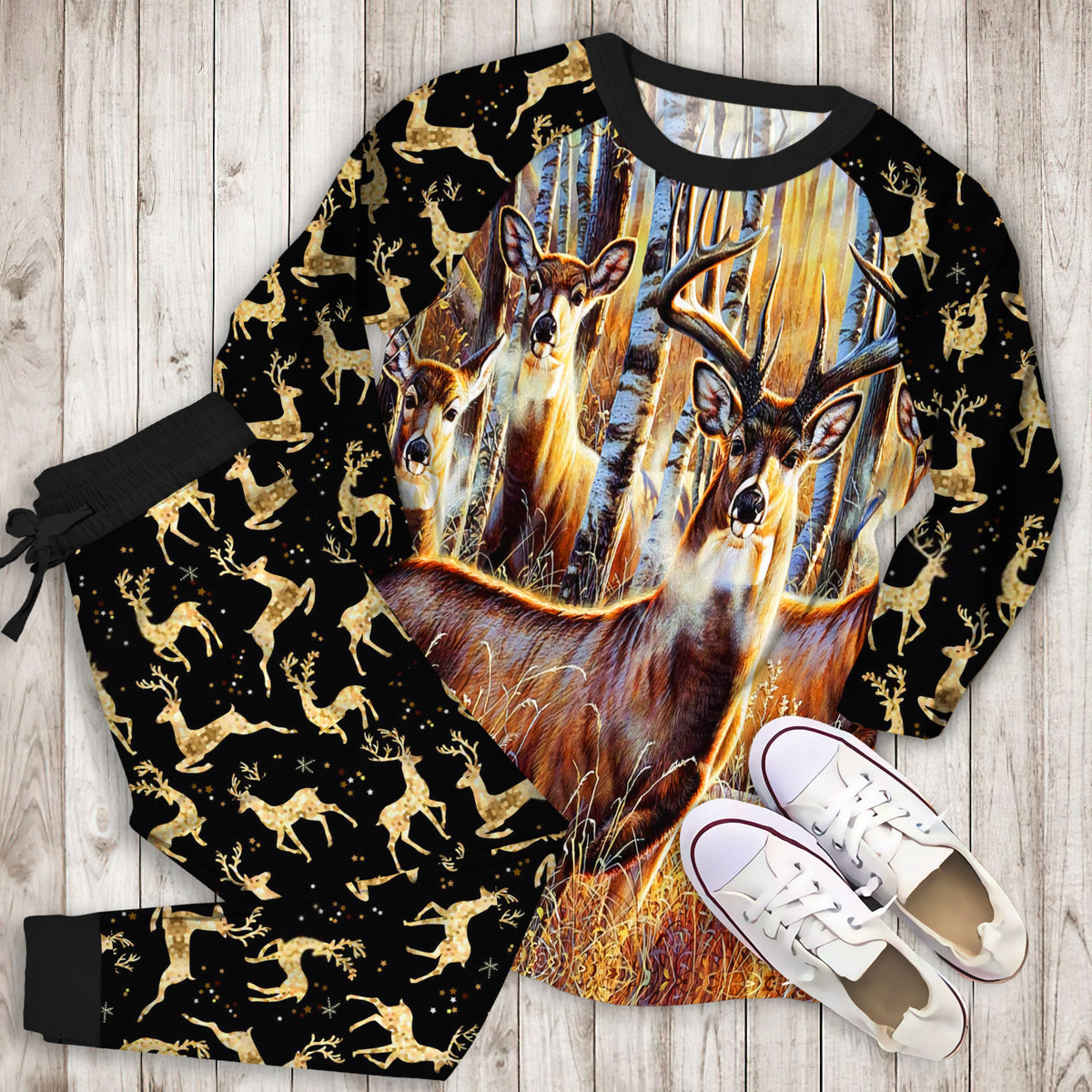 Sudden Encounter Deer Pajama Set | Pajamas | Cotton Sleepwear Sets | Soft Long Sleeve Pjs | Raglan Shirt and Pants Set