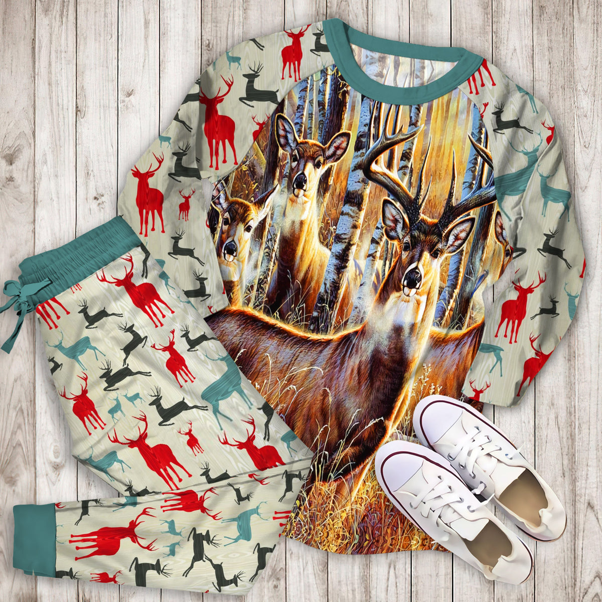 Sudden Encounter Deer Pajama Set | Pajamas | Cotton Sleepwear Sets | Soft Long Sleeve Pjs | Raglan Shirt and Pants Set