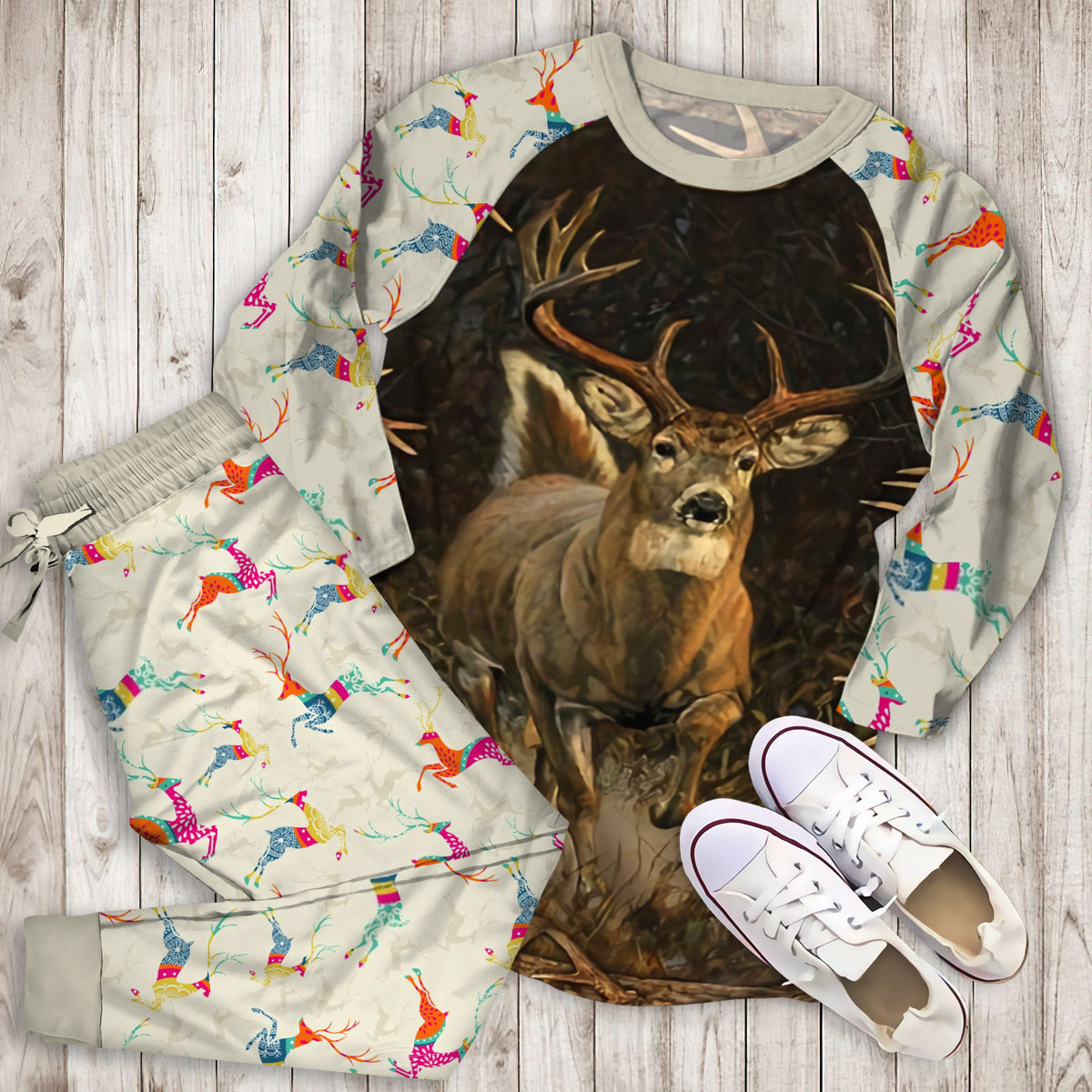 Whitetail Deer Hunting Pajama Set | Pajamas | Cotton Sleepwear Sets | Soft Long Sleeve Pjs | Raglan Shirt and Pants Set
