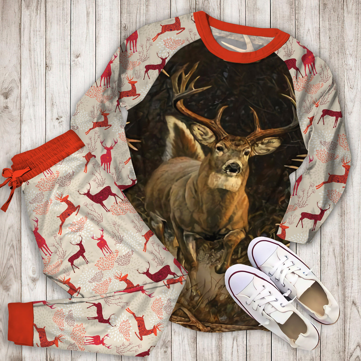 Whitetail Deer Hunting Pajama Set | Pajamas | Cotton Sleepwear Sets | Soft Long Sleeve Pjs | Raglan Shirt and Pants Set