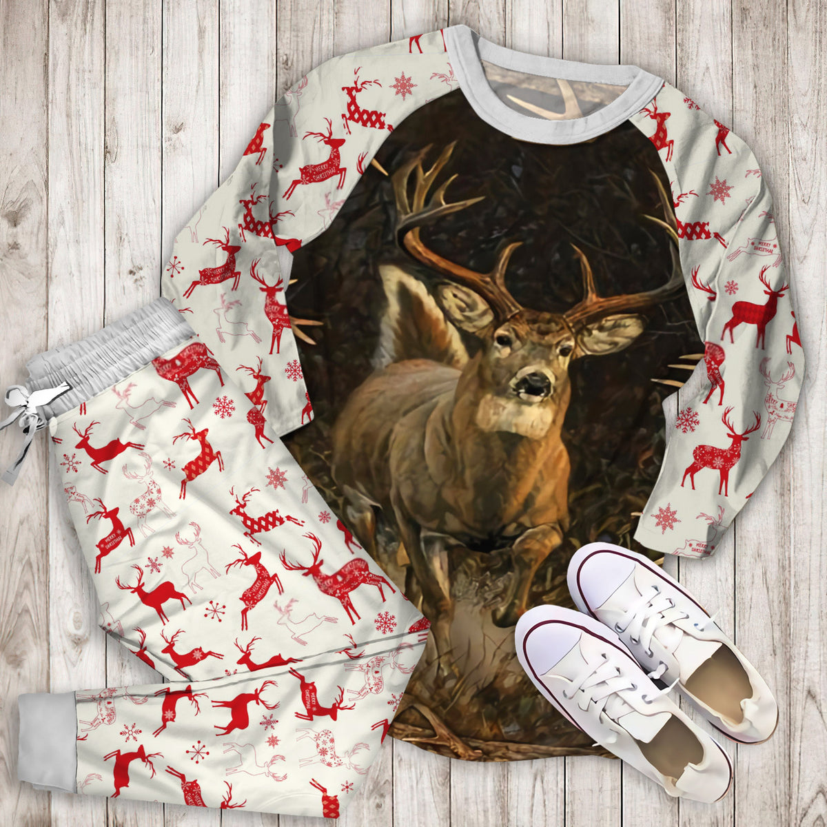 Whitetail Deer Hunting Pajama Set | Pajamas | Cotton Sleepwear Sets | Soft Long Sleeve Pjs | Raglan Shirt and Pants Set
