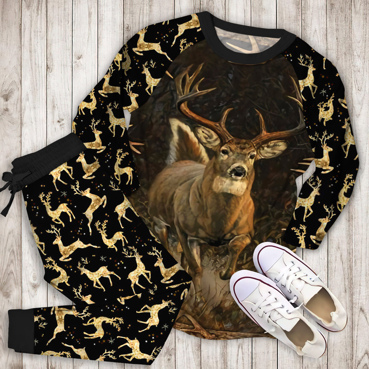 Whitetail Deer Hunting Pajama Set | Pajamas | Cotton Sleepwear Sets | Soft Long Sleeve Pjs | Raglan Shirt and Pants Set