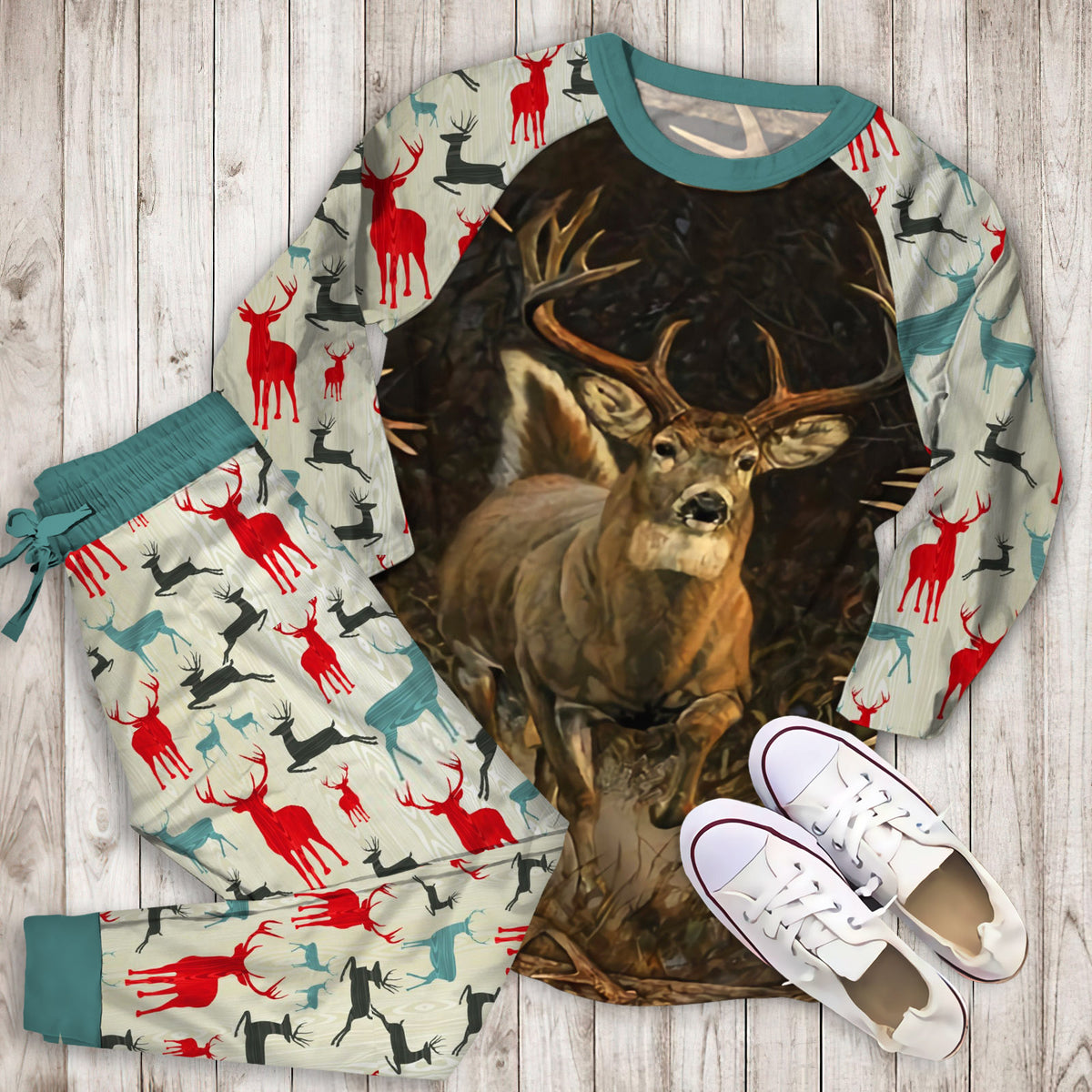 Whitetail Deer Hunting Pajama Set | Pajamas | Cotton Sleepwear Sets | Soft Long Sleeve Pjs | Raglan Shirt and Pants Set