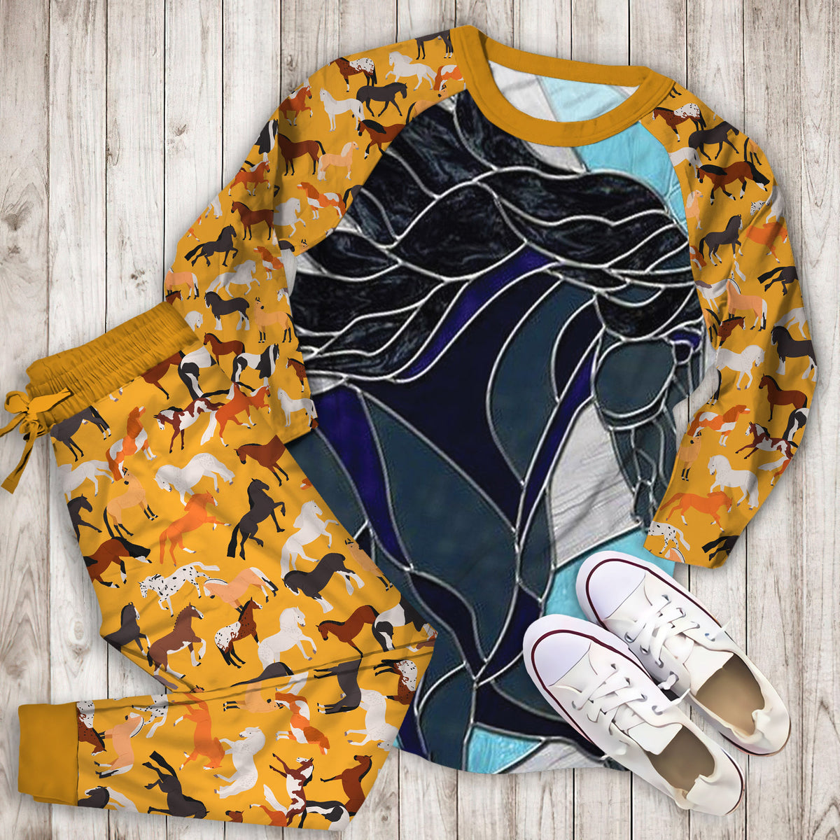 Horse Pajama Set | Pajamas | Cotton Sleepwear Sets | Soft Long Sleeve Pjs | Raglan Shirt and Pants Set