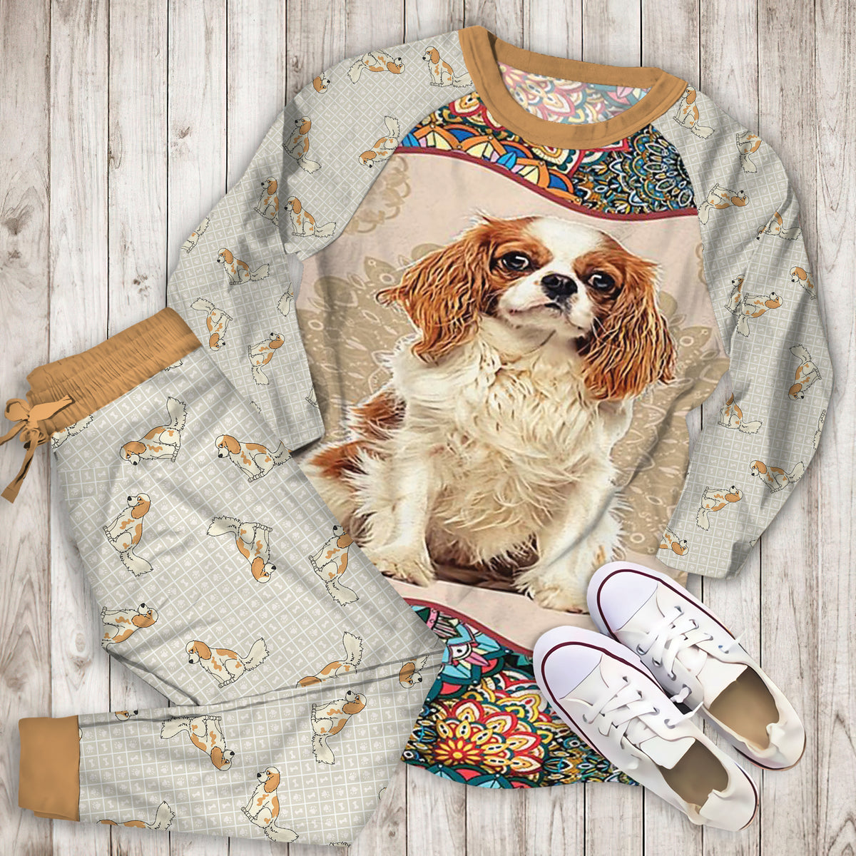 Cavalier King Pattern Pajama Set |Sleepwear Pjs Sets | Raglan Shirt Pants Set