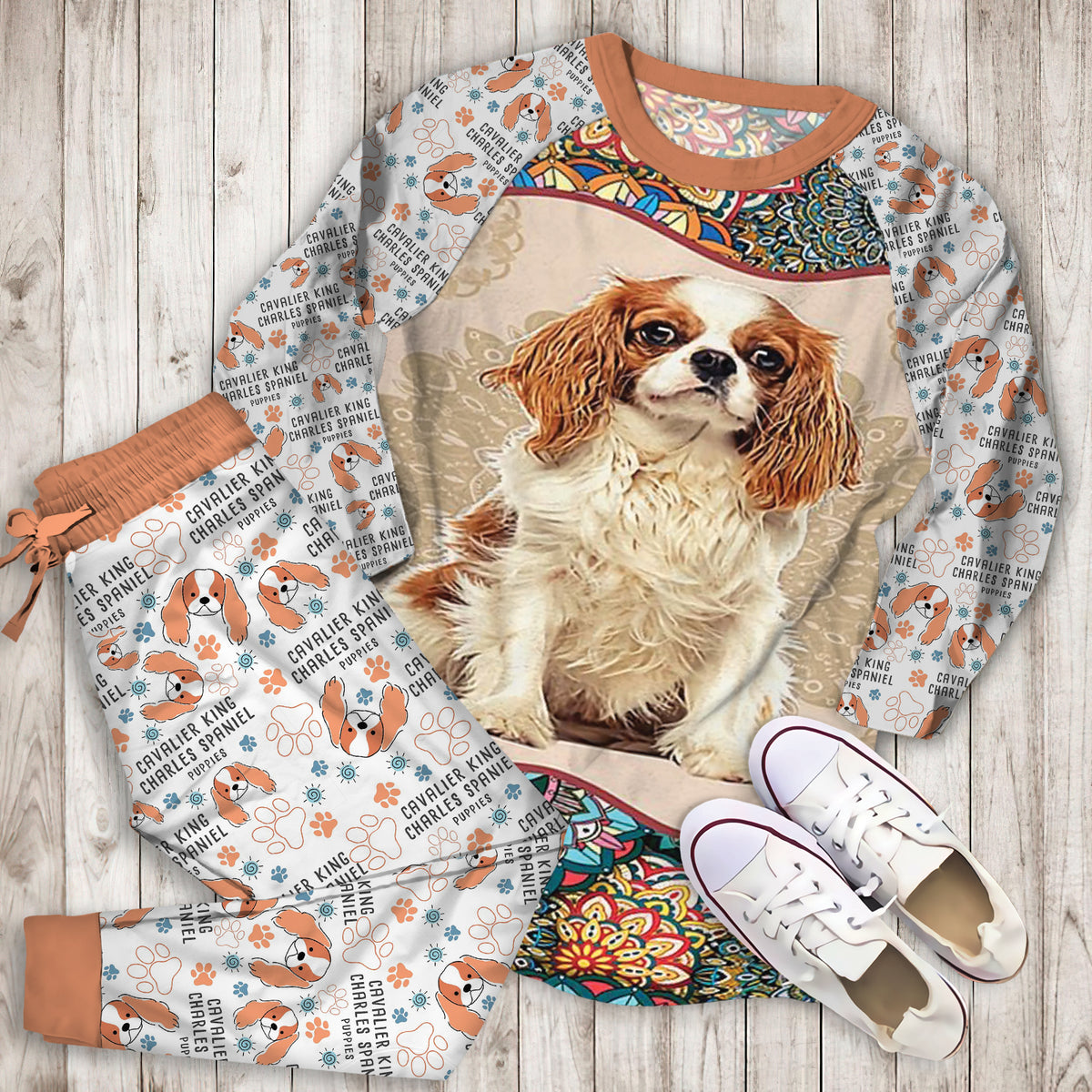 Cavalier King Pattern Pajama Set |Sleepwear Pjs Sets | Raglan Shirt Pants Set