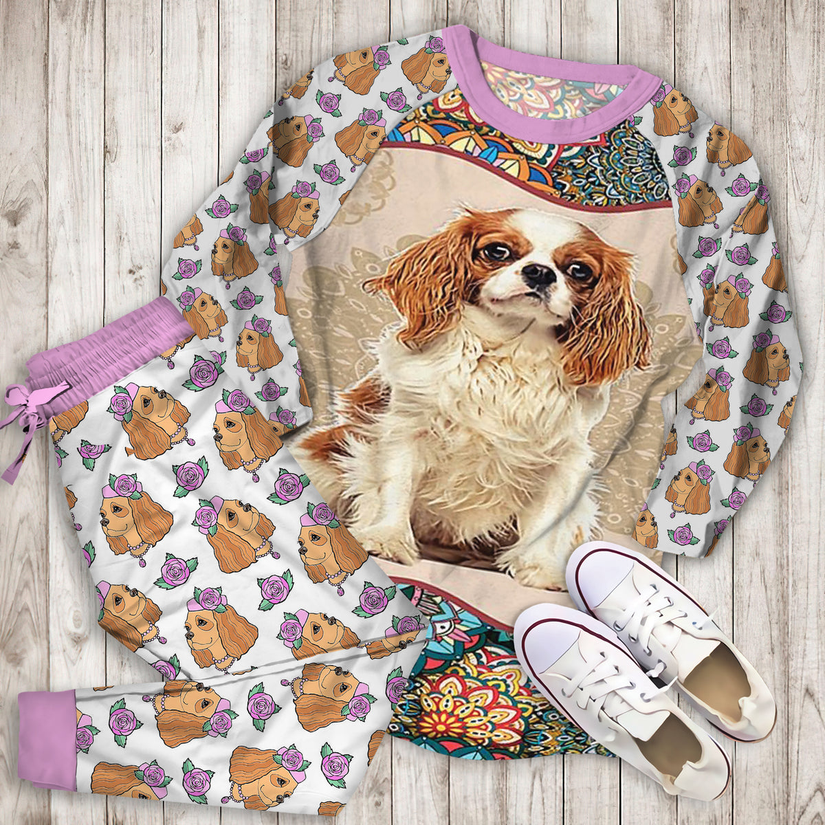 Cavalier King Pattern Pajama Set |Sleepwear Pjs Sets | Raglan Shirt Pants Set