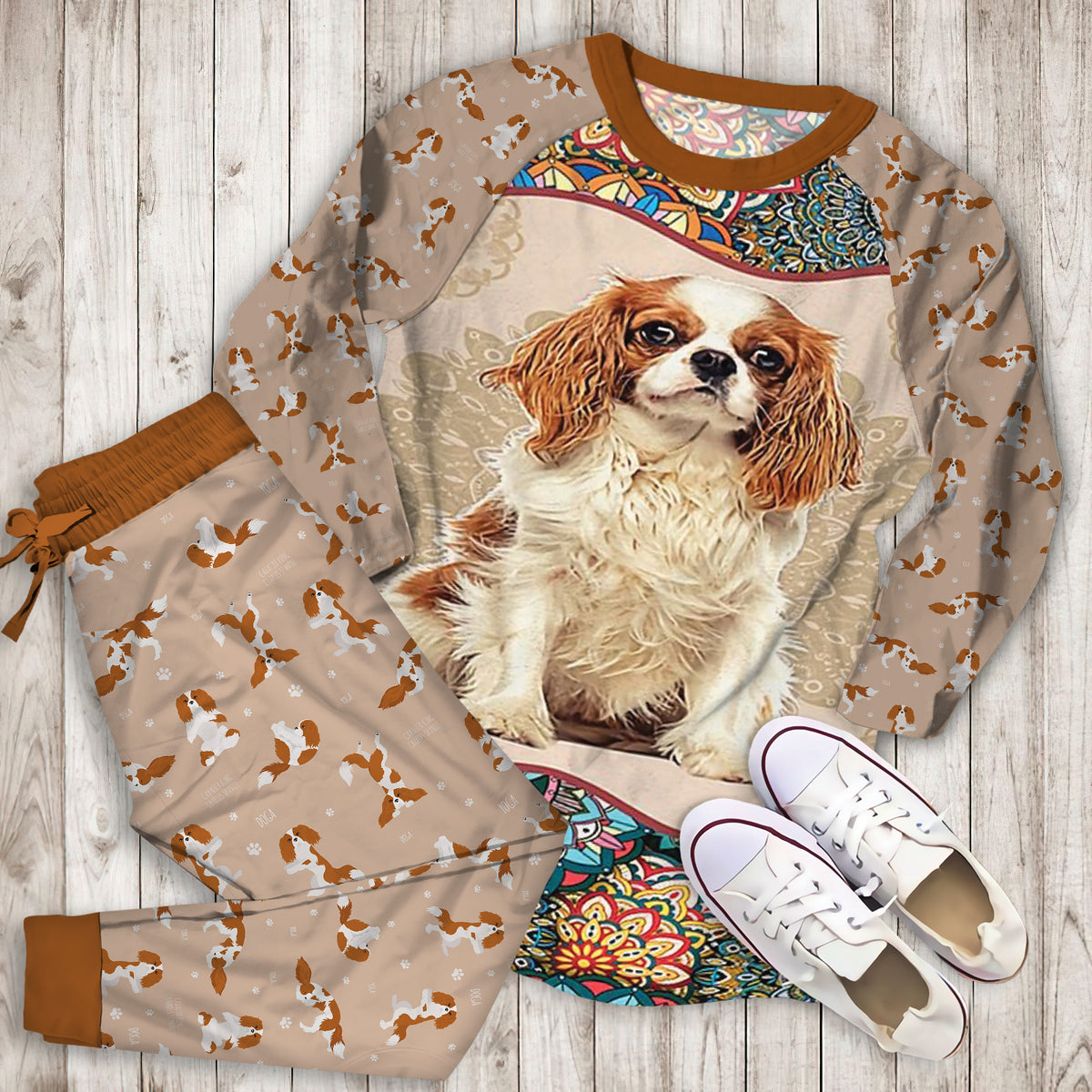 Cavalier King Pattern Pajama Set |Sleepwear Pjs Sets | Raglan Shirt Pants Set