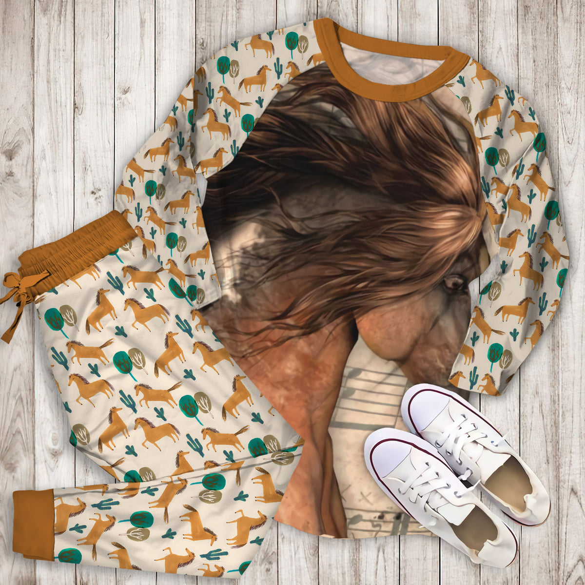Beautiful Gipsy Horses Pajama Set | Pajamas | Cotton Sleepwear Sets | Soft Long Sleeve Pjs | Raglan Shirt and Pants Set