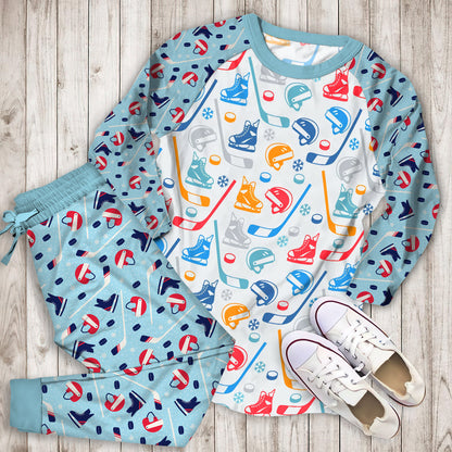 Hockey Pattern Pajama Set | Pajamas | Cotton Sleepwear Sets | Soft Long Sleeve Pjs | Raglan Shirt and Pants Set