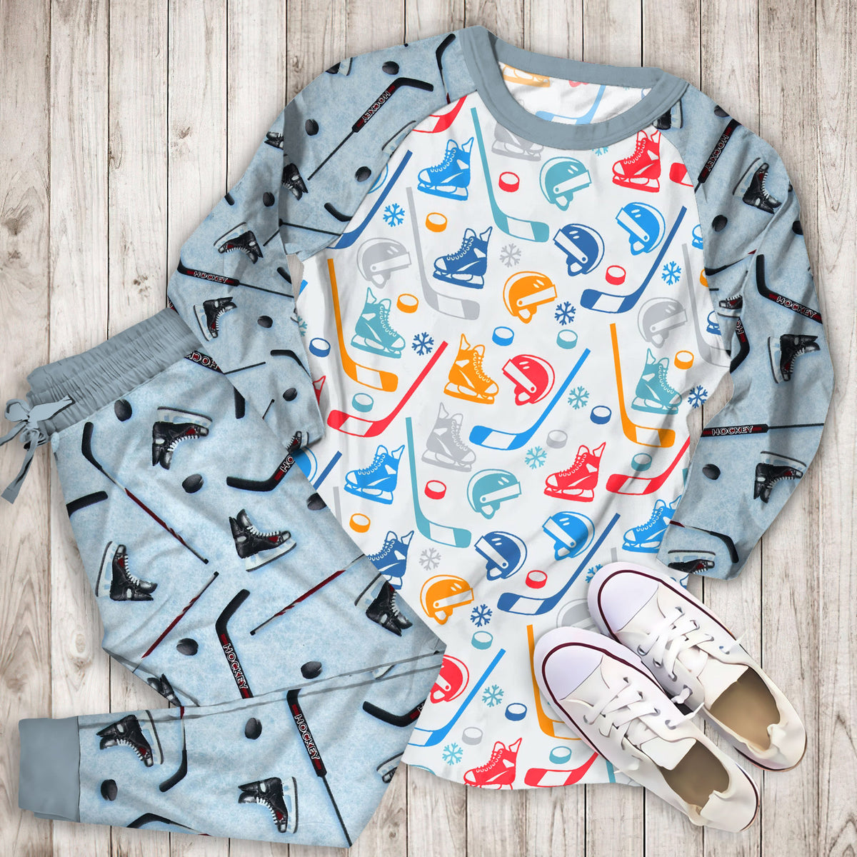 Hockey Pattern Pajama Set | Pajamas | Cotton Sleepwear Sets | Soft Long Sleeve Pjs | Raglan Shirt and Pants Set