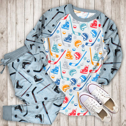 Hockey Pattern Pajama Set | Pajamas | Cotton Sleepwear Sets | Soft Long Sleeve Pjs | Raglan Shirt and Pants Set
