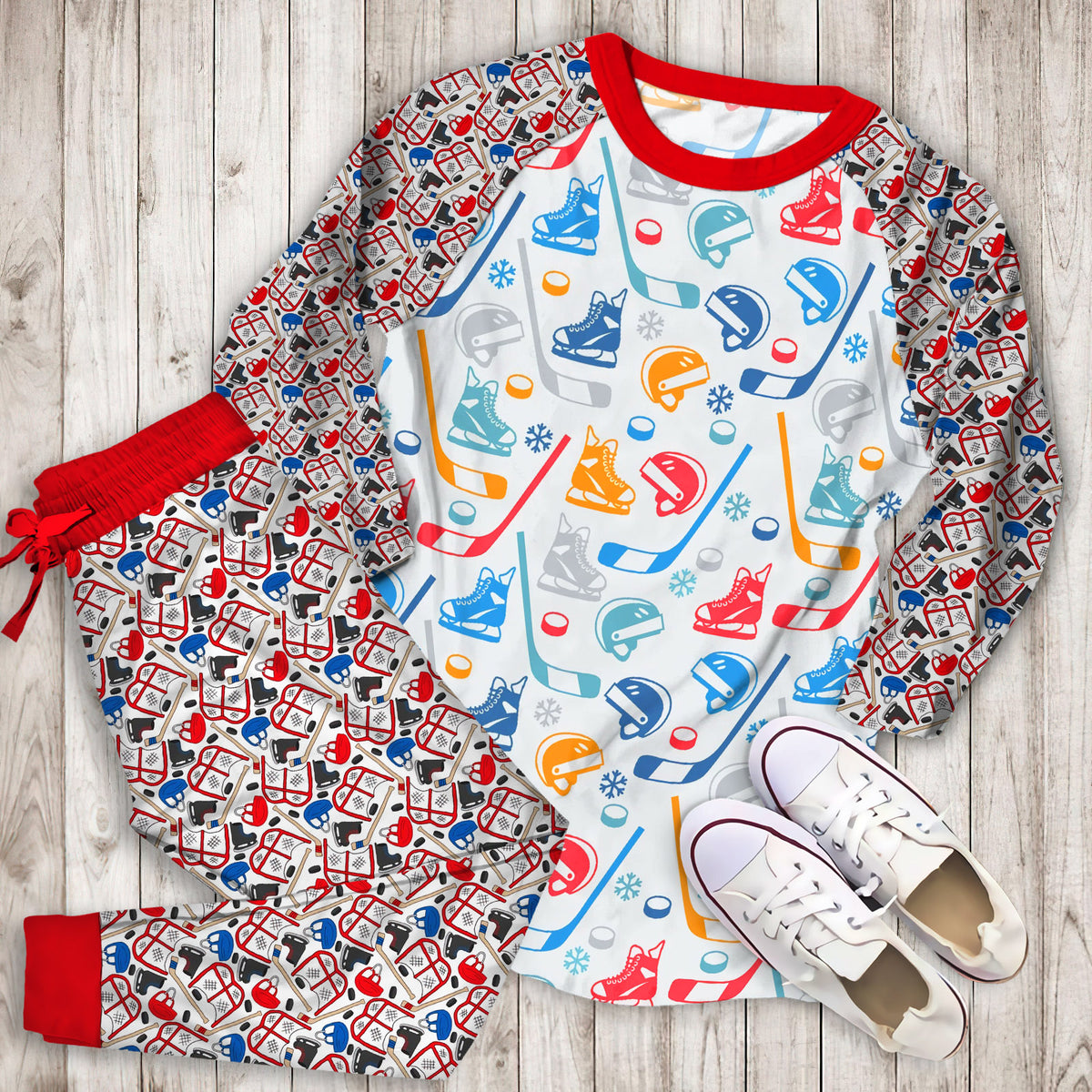 Hockey Pattern Pajama Set | Pajamas | Cotton Sleepwear Sets | Soft Long Sleeve Pjs | Raglan Shirt and Pants Set