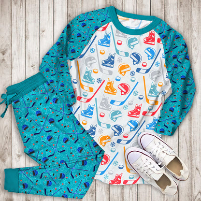 Hockey Pattern Pajama Set | Pajamas | Cotton Sleepwear Sets | Soft Long Sleeve Pjs | Raglan Shirt and Pants Set