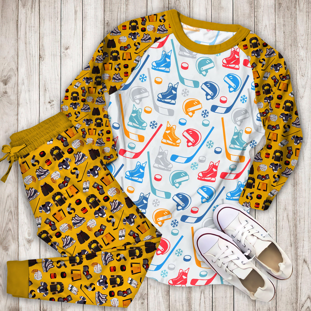 Hockey Pattern Pajama Set | Pajamas | Cotton Sleepwear Sets | Soft Long Sleeve Pjs | Raglan Shirt and Pants Set