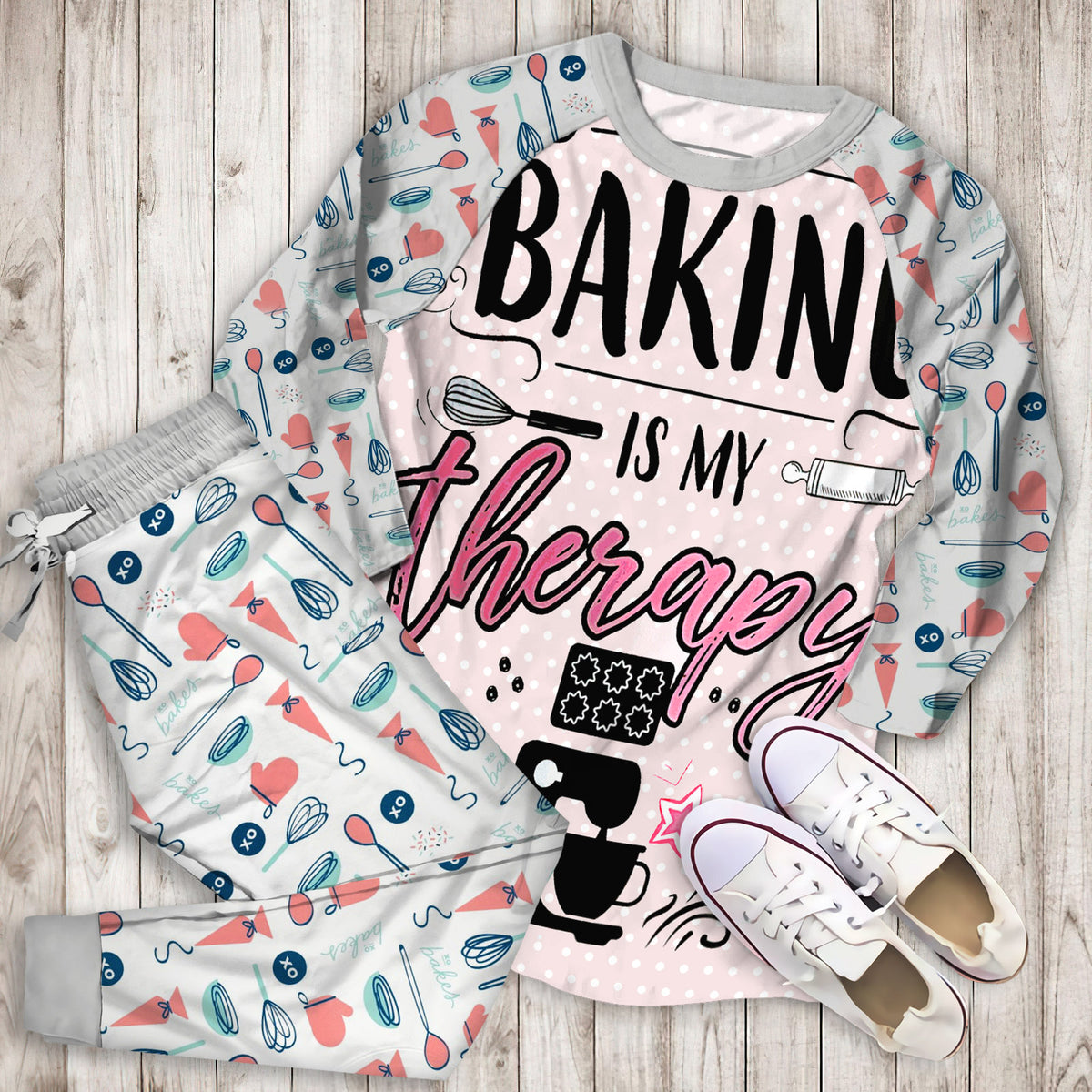 Baking Baking Is My Therapy Pajama Set | Pajamas | Cotton Sleepwear Sets | Soft Long Sleeve Pjs | Raglan Shirt and Pants Set