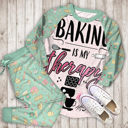 Baking Baking Is My Therapy Pajama Set | Pajamas | Cotton Sleepwear Sets | Soft Long Sleeve Pjs | Raglan Shirt and Pants Set