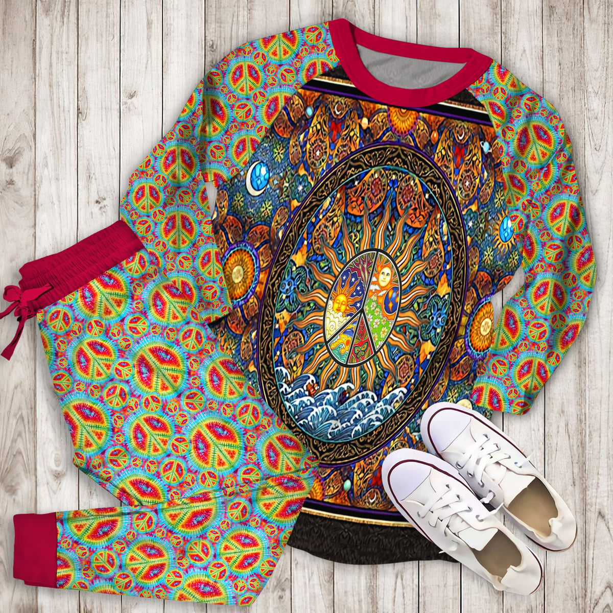 Hippie Madala Art Pajama Set | Pajamas | Cotton Sleepwear Sets | Soft Long Sleeve Pjs | Raglan Shirt and Pants Set