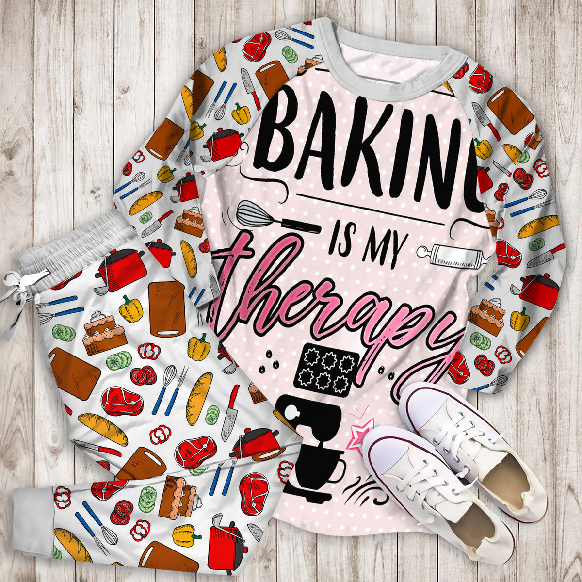Baking Baking Is My Therapy Pajama Set | Pajamas | Cotton Sleepwear Sets | Soft Long Sleeve Pjs | Raglan Shirt and Pants Set