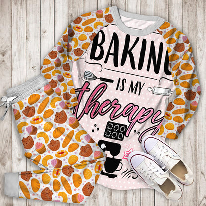 Baking Baking Is My Therapy Pajama Set | Pajamas | Cotton Sleepwear Sets | Soft Long Sleeve Pjs | Raglan Shirt and Pants Set