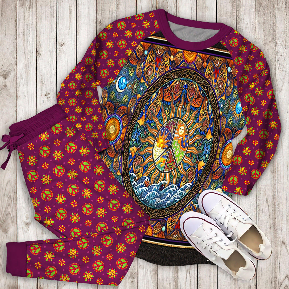 Hippie Madala Art Pajama Set | Pajamas | Cotton Sleepwear Sets | Soft Long Sleeve Pjs | Raglan Shirt and Pants Set