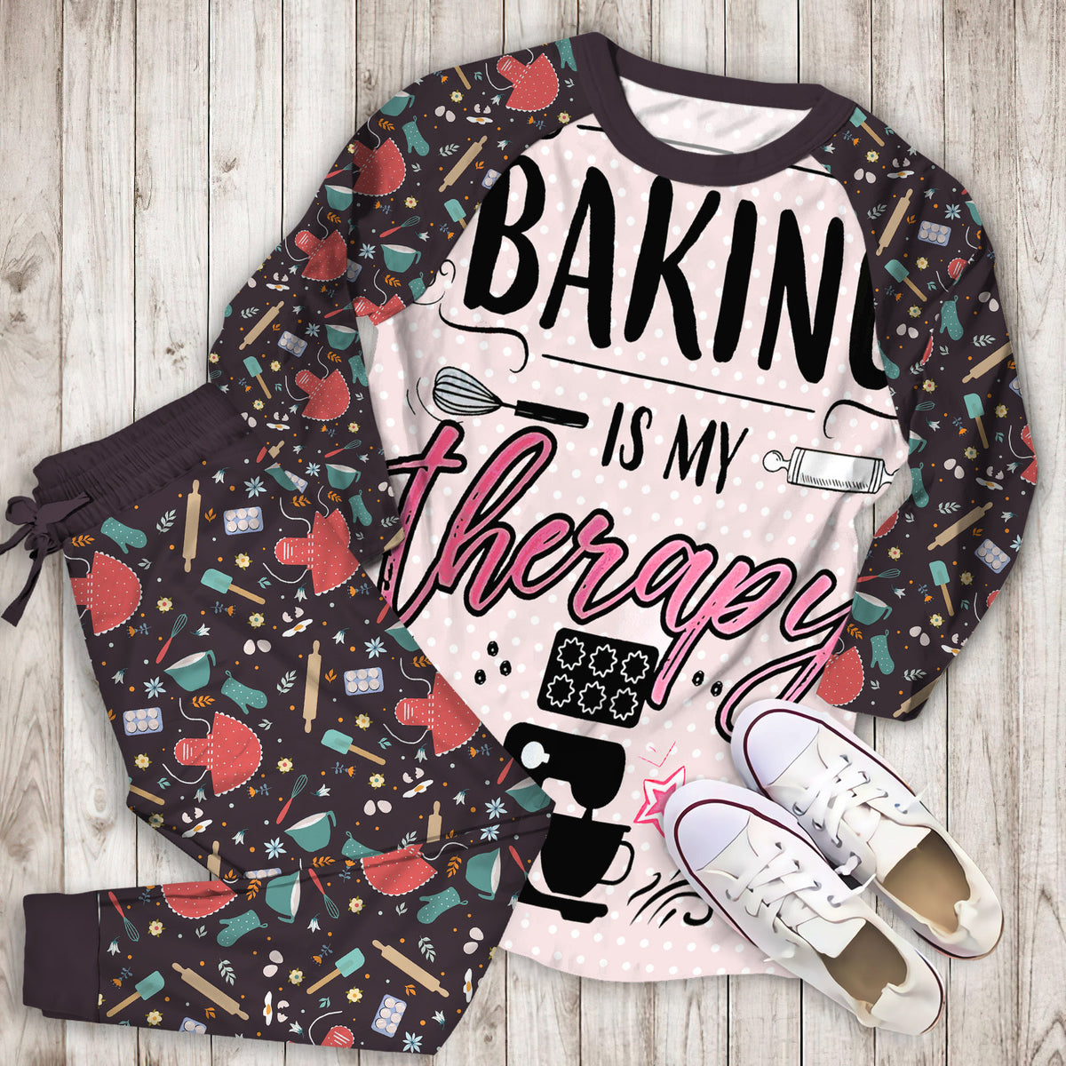 Baking Baking Is My Therapy Pajama Set | Pajamas | Cotton Sleepwear Sets | Soft Long Sleeve Pjs | Raglan Shirt and Pants Set