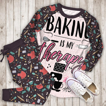 Baking Baking Is My Therapy Pajama Set | Pajamas | Cotton Sleepwear Sets | Soft Long Sleeve Pjs | Raglan Shirt and Pants Set
