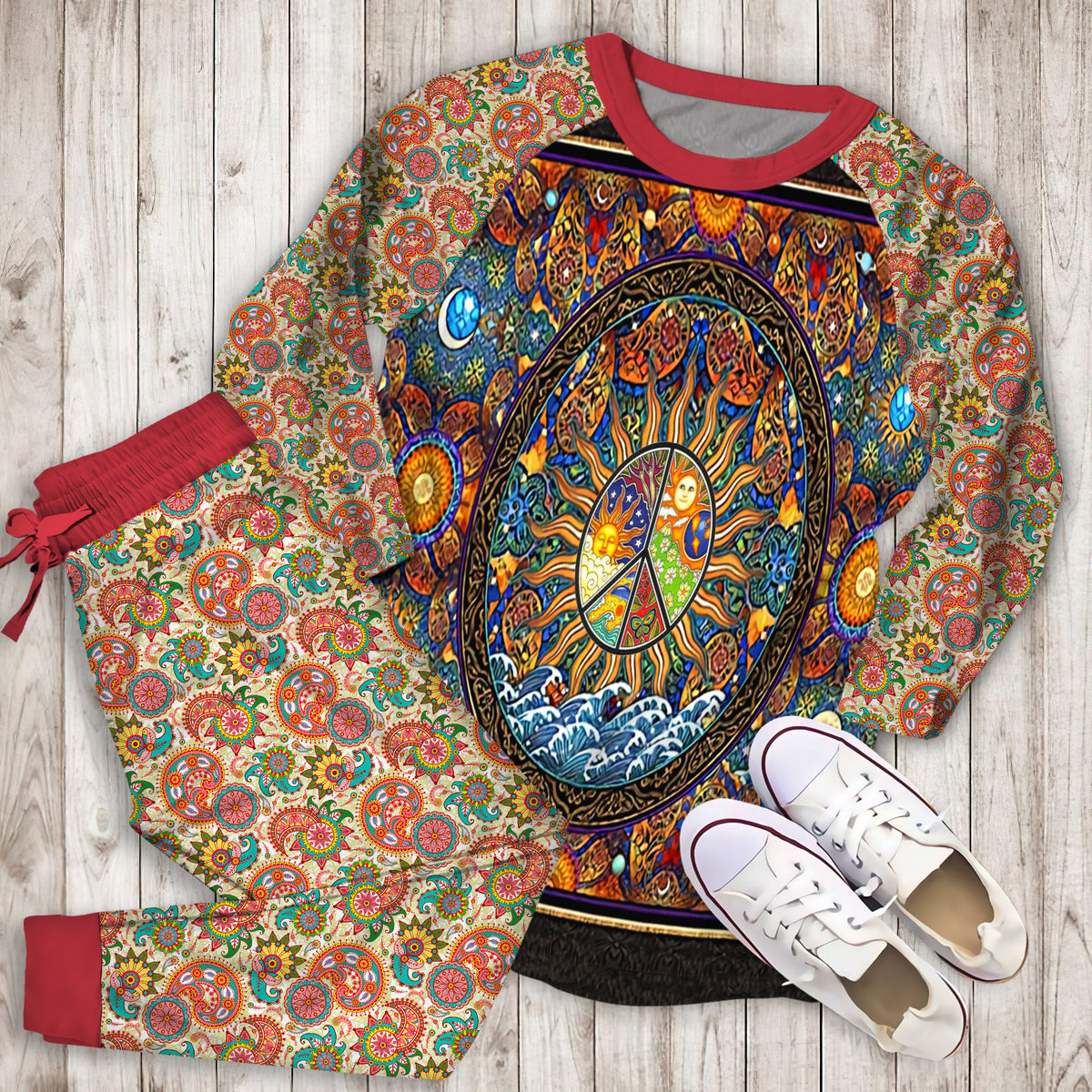 Hippie Madala Art Pajama Set | Pajamas | Cotton Sleepwear Sets | Soft Long Sleeve Pjs | Raglan Shirt and Pants Set