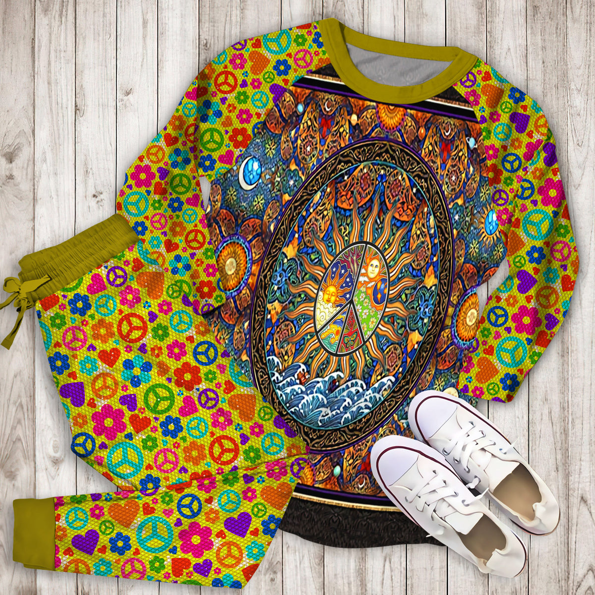 Hippie Madala Art Pajama Set | Pajamas | Cotton Sleepwear Sets | Soft Long Sleeve Pjs | Raglan Shirt and Pants Set