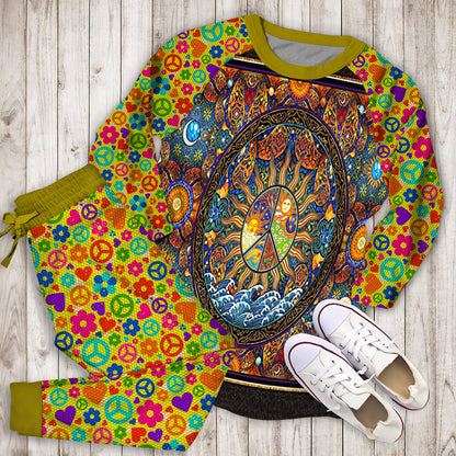 Hippie Madala Art Pajama Set | Pajamas | Cotton Sleepwear Sets | Soft Long Sleeve Pjs | Raglan Shirt and Pants Set