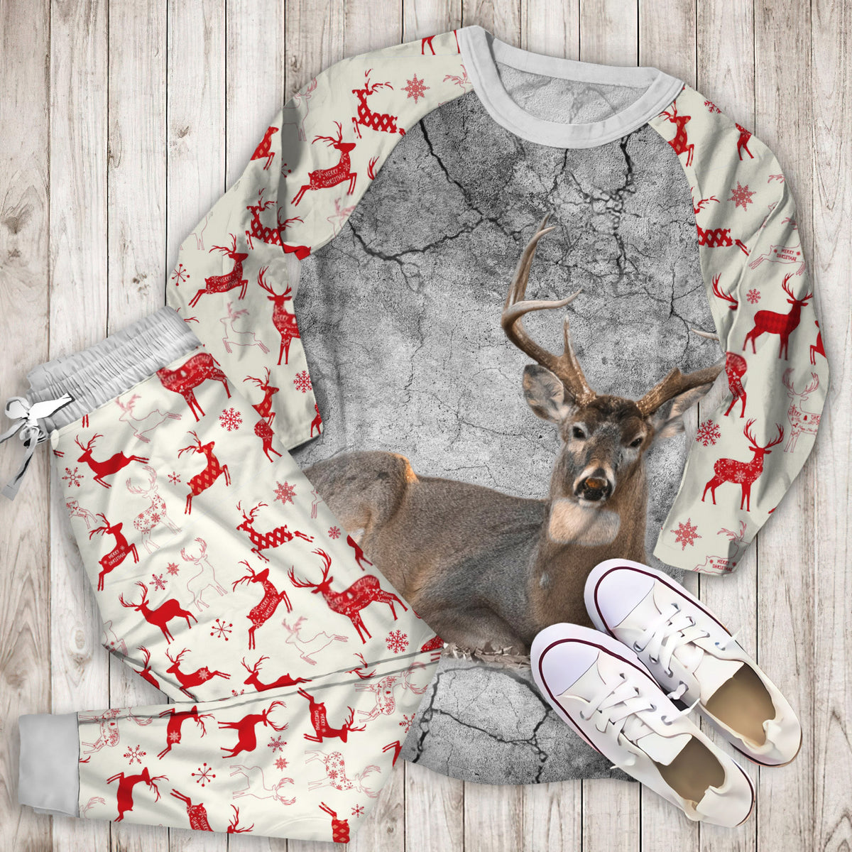 A Deer Pajama Set | Pajamas | Cotton Sleepwear Sets | Soft Long Sleeve Pjs | Raglan Shirt and Pants Set