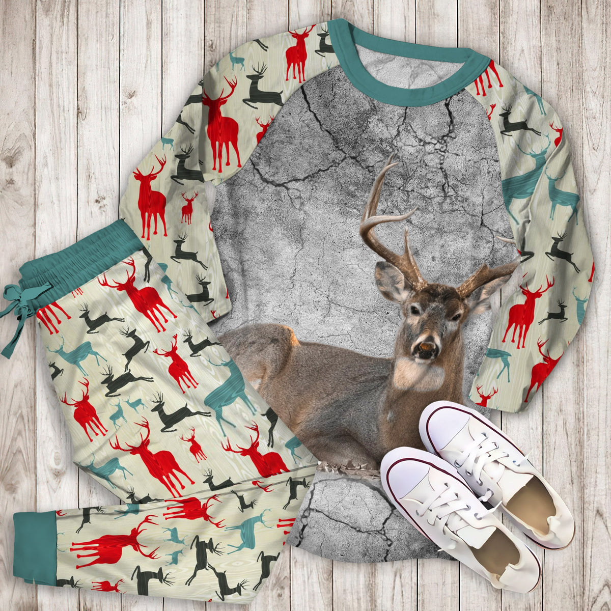 A Deer Pajama Set | Pajamas | Cotton Sleepwear Sets | Soft Long Sleeve Pjs | Raglan Shirt and Pants Set