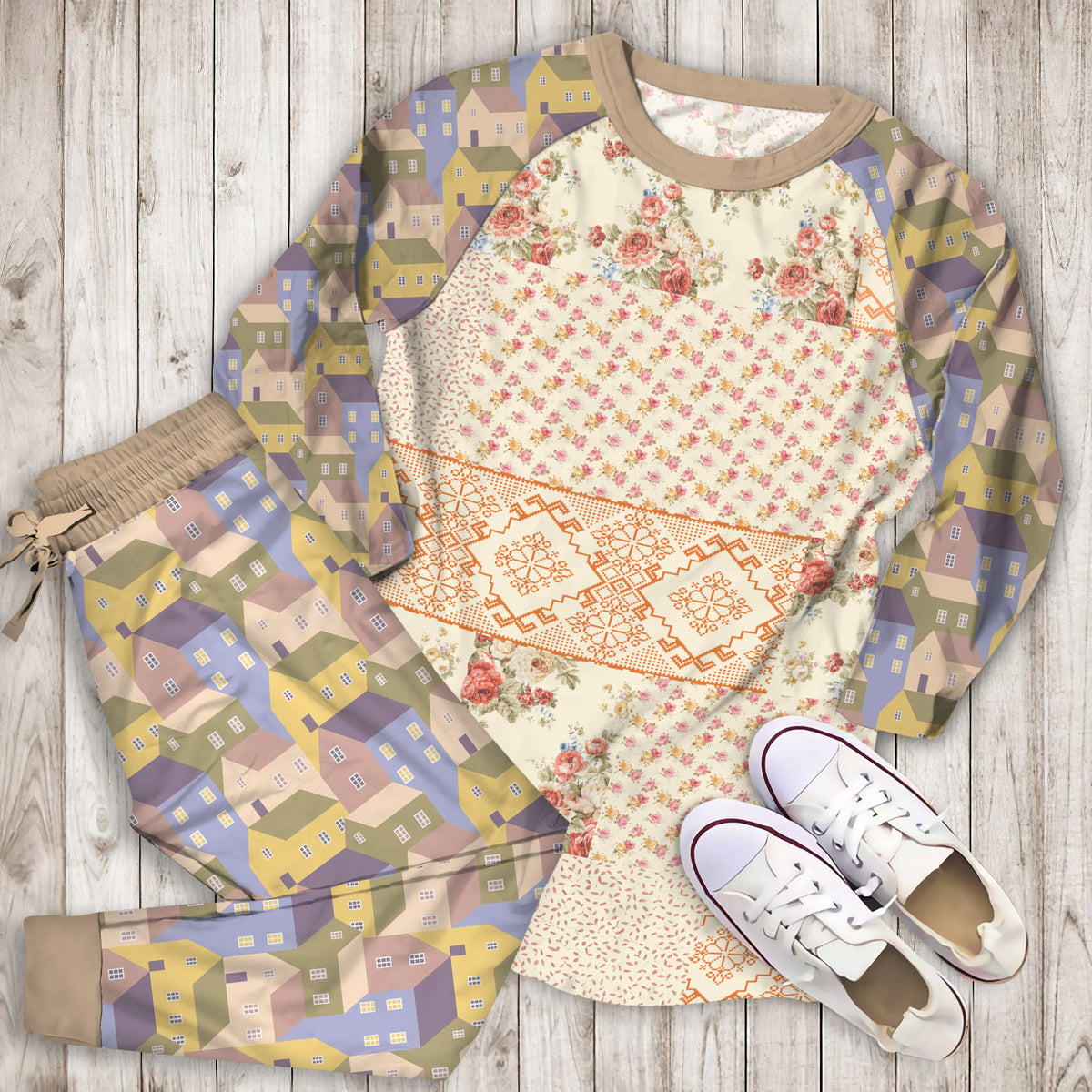 Mary Jane Home Sweet Blooms Pajama Set | Pajamas | Cotton Sleepwear Sets | Soft Long Sleeve Pjs | Raglan Shirt and Pants Set