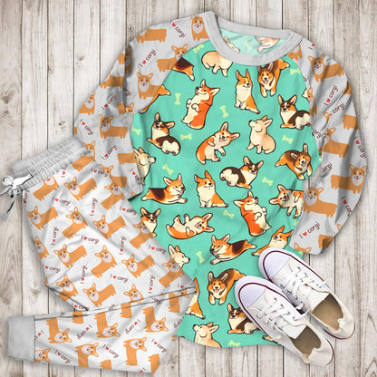 Corgi Pajama Set | Pajamas | Cotton Sleepwear Sets | Soft Long Sleeve Pjs | Raglan Shirt and Pants Set