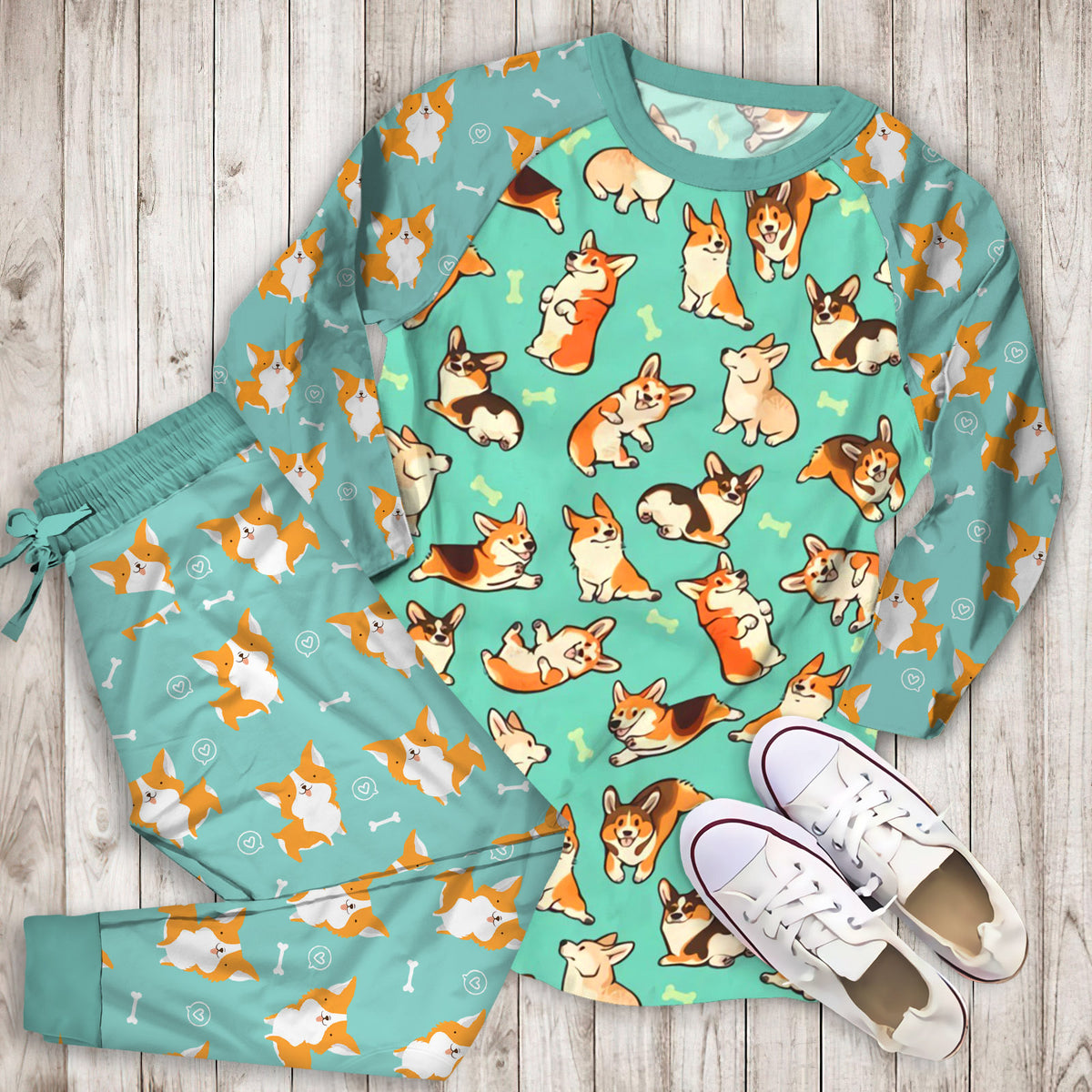 Corgi Pajama Set | Pajamas | Cotton Sleepwear Sets | Soft Long Sleeve Pjs | Raglan Shirt and Pants Set
