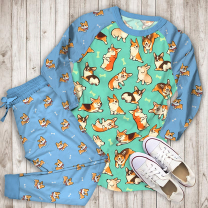 Corgi Pajama Set | Pajamas | Cotton Sleepwear Sets | Soft Long Sleeve Pjs | Raglan Shirt and Pants Set