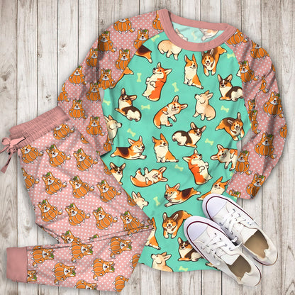 Corgi Pajama Set | Pajamas | Cotton Sleepwear Sets | Soft Long Sleeve Pjs | Raglan Shirt and Pants Set
