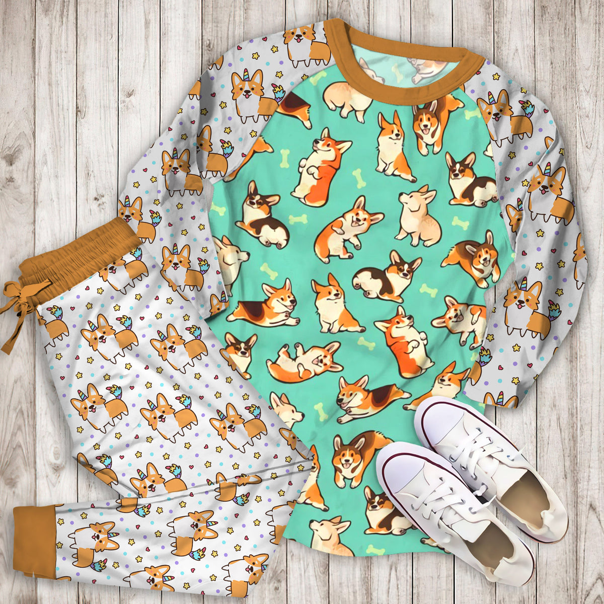 Corgi Pajama Set | Pajamas | Cotton Sleepwear Sets | Soft Long Sleeve Pjs | Raglan Shirt and Pants Set
