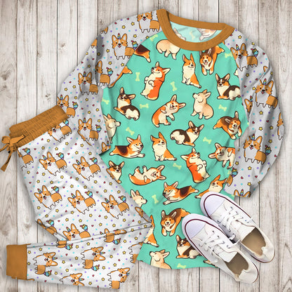 Corgi Pajama Set | Pajamas | Cotton Sleepwear Sets | Soft Long Sleeve Pjs | Raglan Shirt and Pants Set