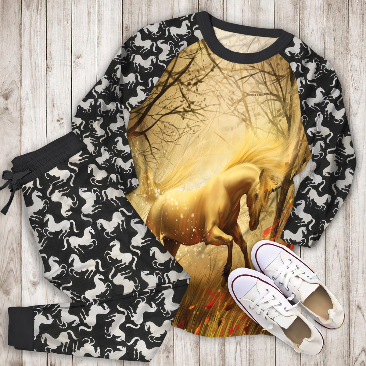 Horse Pajama Set | Pajamas | Cotton Sleepwear Sets | Soft Long Sleeve Pjs | Raglan Shirt and Pants Set