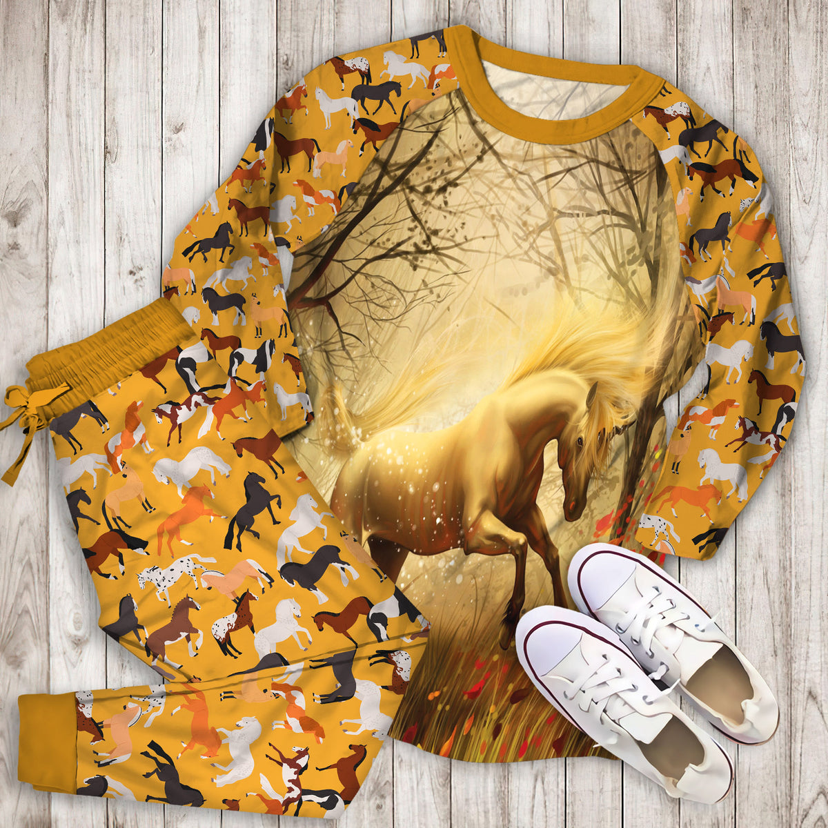 Horse Pajama Set | Pajamas | Cotton Sleepwear Sets | Soft Long Sleeve Pjs | Raglan Shirt and Pants Set