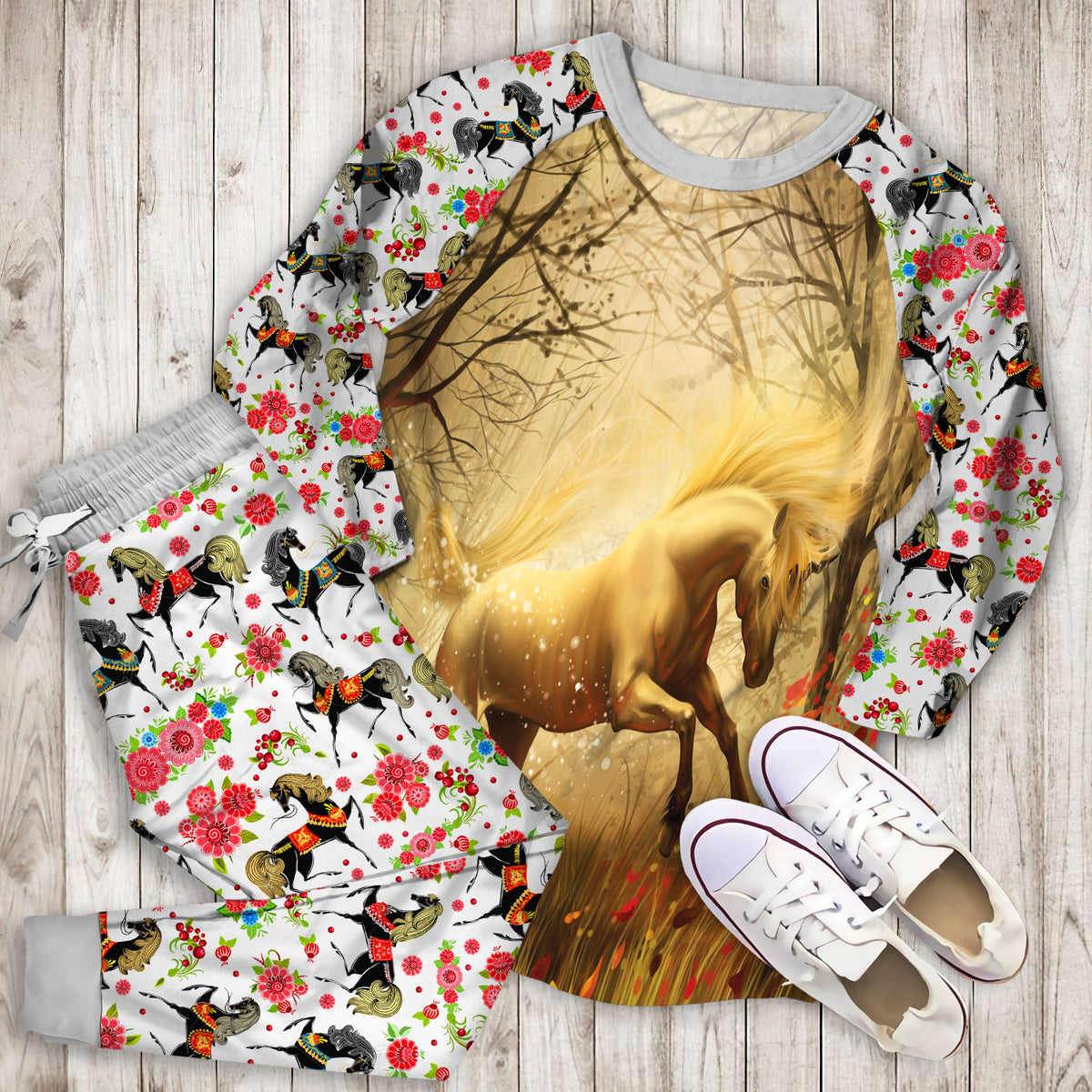 Horse Pajama Set | Pajamas | Cotton Sleepwear Sets | Soft Long Sleeve Pjs | Raglan Shirt and Pants Set
