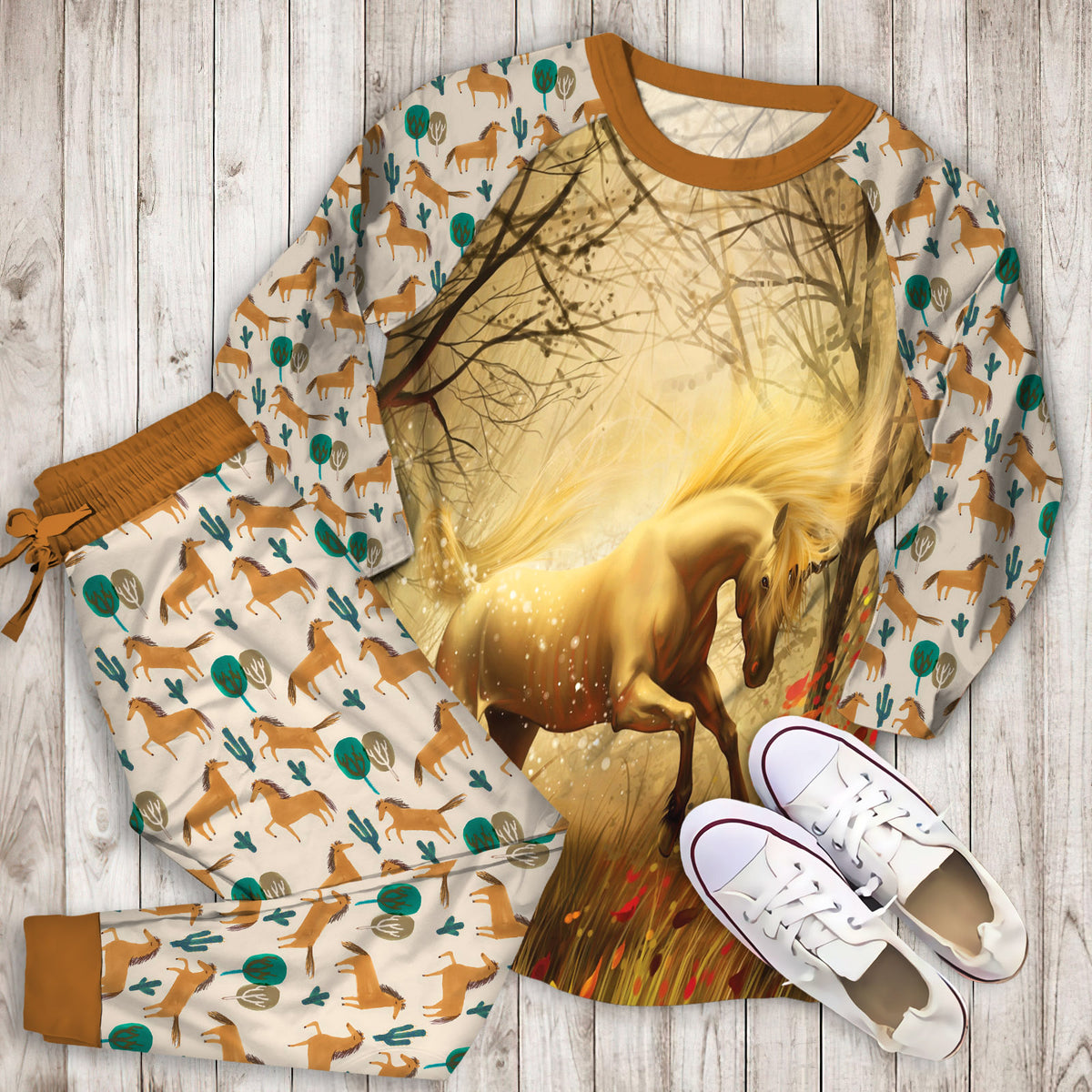 Horse Pajama Set | Pajamas | Cotton Sleepwear Sets | Soft Long Sleeve Pjs | Raglan Shirt and Pants Set