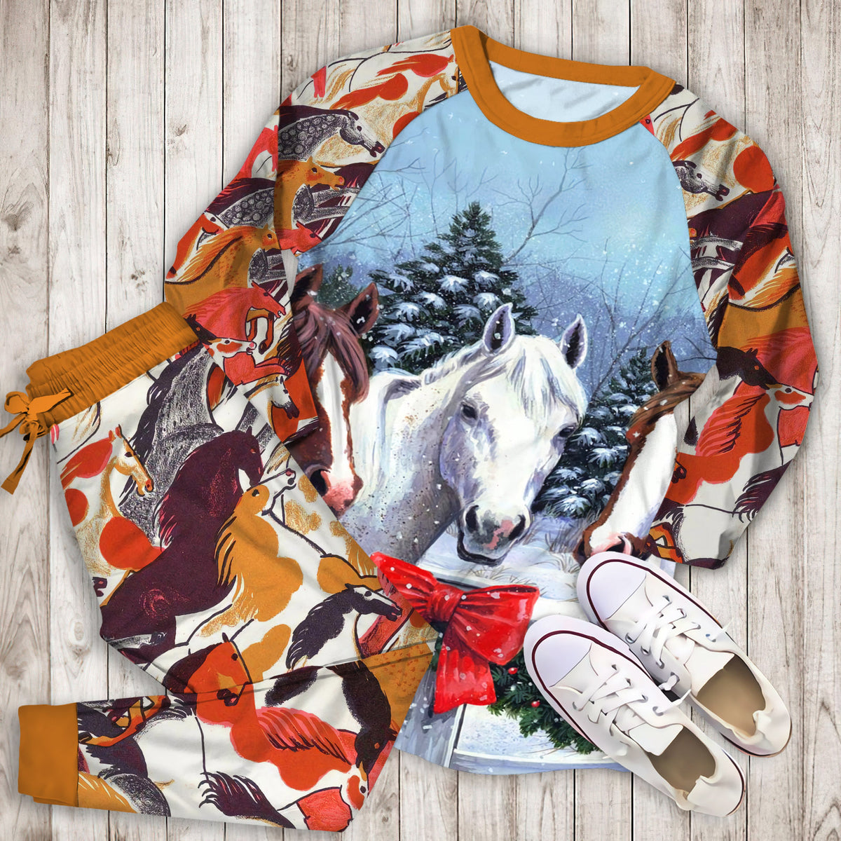Horse Christmas Pajama Set | Pajamas | Cotton Sleepwear Sets | Soft Long Sleeve Pjs | Raglan Shirt and Pants Set