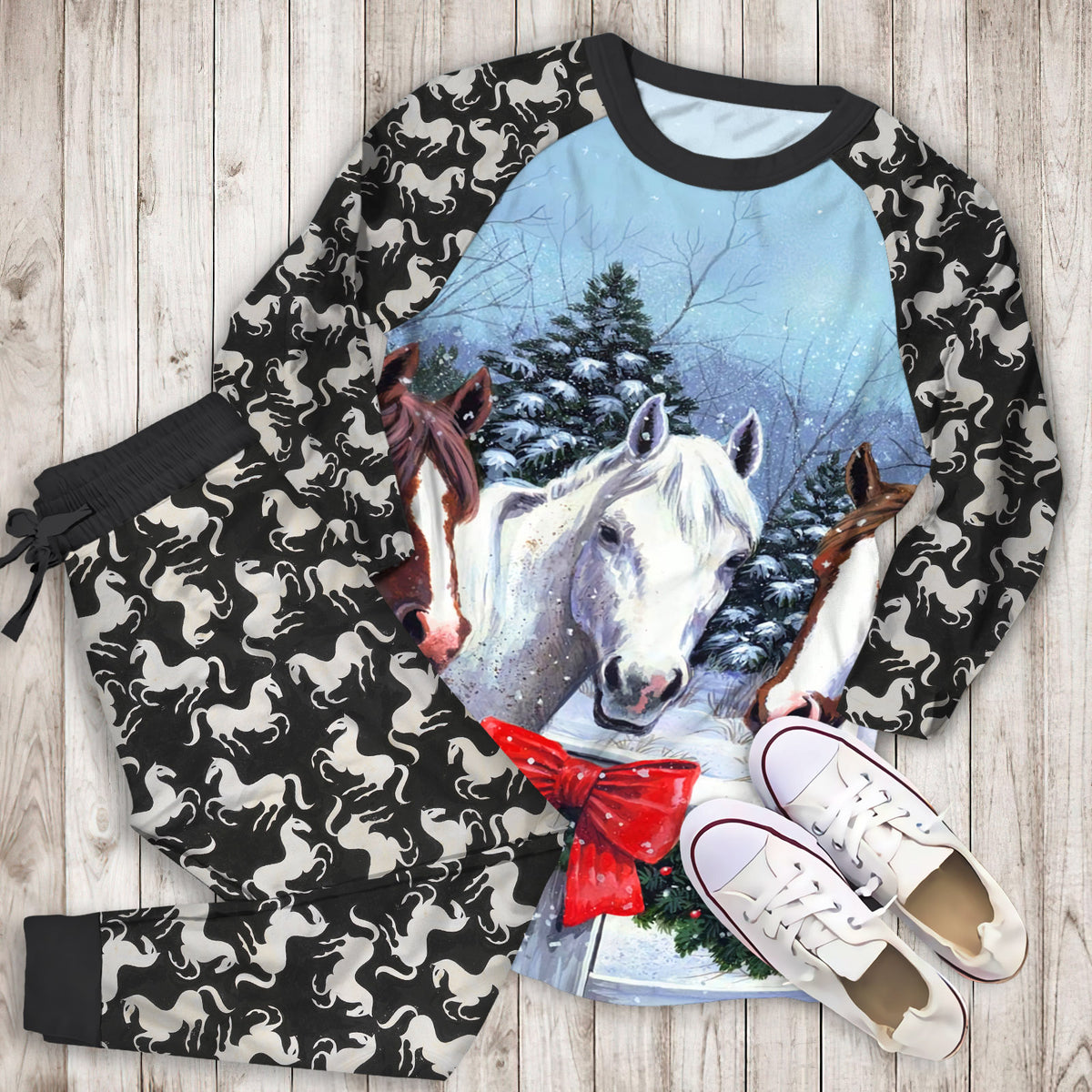 Horse Christmas Pajama Set | Pajamas | Cotton Sleepwear Sets | Soft Long Sleeve Pjs | Raglan Shirt and Pants Set